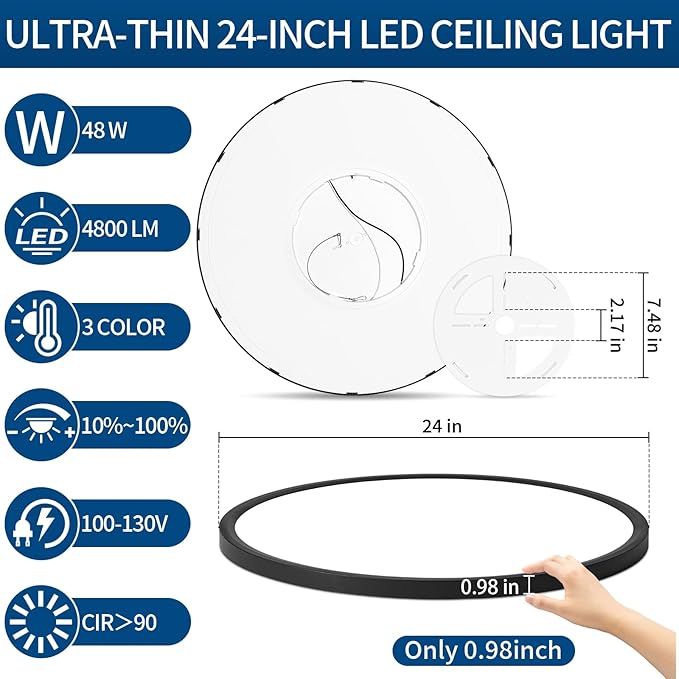 24 Inch Flush Mount Ceiling Light, Dimmable 3000K/4500K/6000K Selectable, 48W 4800LM, Modern, Ultra Thin, Black, for Bedroom, Kitchen, Dining Room, Living Room, Home Office, Hallway
