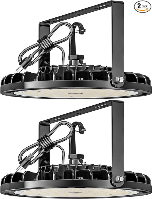 LED High Bay Light 150W, 22500 LM with US Plug 5ft Cable (150LM/W), 5000K Daylight, Waterproof, UFO Commercial Warehouse Workshop Factory Barn Garage Area Lighting Fixture, 2 Pack