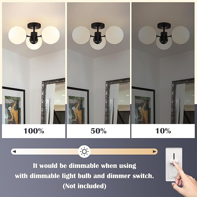 Mid Century Modern Black Semi Flush Mount Ceiling Lights 3-Light Frosted Globe Glass Black Chandelier Modern Light Fixtures Ceiling Light Fixture for Bedroom Living Room Entryway (Bulb Incl.)