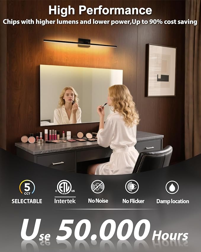 zouzai Second Generation Modern LED Bathroom Vanity Light Bar Black IP44 Over Mirror Bath Wall Fixture 5CCT Adjustable, Dual-Sided, 180° Adjustable Angle (40 inch)