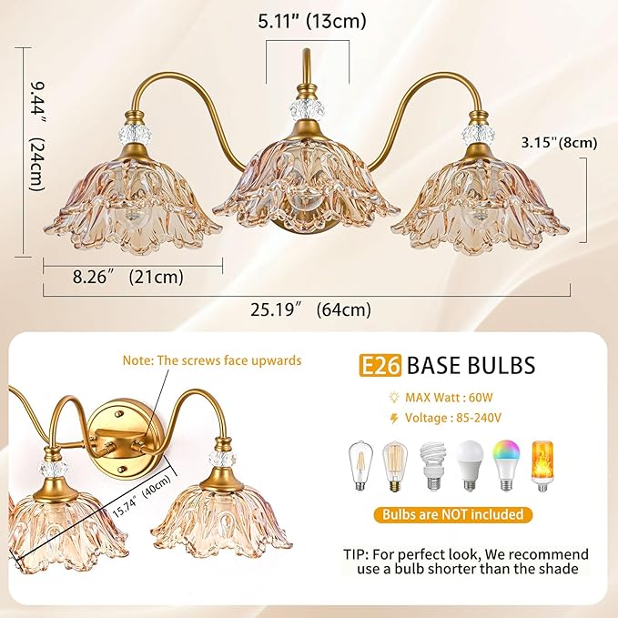 Vintage Bathroom Vanity Light, 3-Light Matte Brass Finish Vanity Light with Flower-Shaped Amber Glass Shades, Retro Wall Sconce for Bathroom, Dressing Table