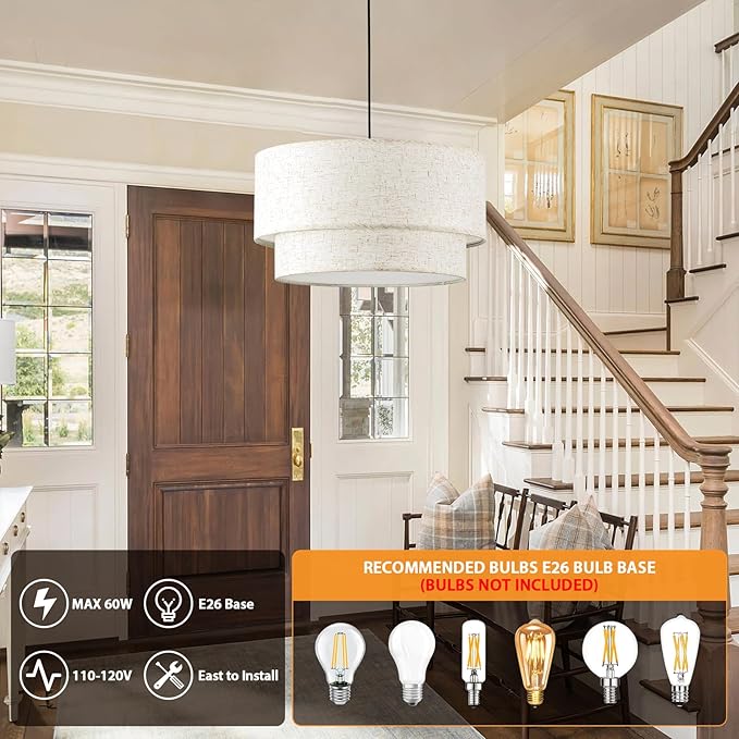 Linen Drum Pendant Light, 18” Double Drum Light Fixture with Modern Fabric Lampshade, 3-Light Linen Chandeliers for Dining Room, Bedroom