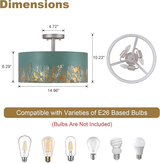 14.96" Modern Vintage Semi Flush Mount Ceiling Light,3-Light Blue Ceiling Light Fixture with Hand-Brushed Gold Finish,Dimmable Hallway Light Fixtures for Bedroom,Kitchen,Entryway,Foyer