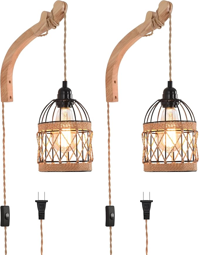 Plug in Wall Sconce,Farmhouse Wicker Wall Lamp Plug in,Hand Woven Rattan Wall Light Farmhouse Rustic Boho Sconces Wall Lighting for Living Room Bedroom