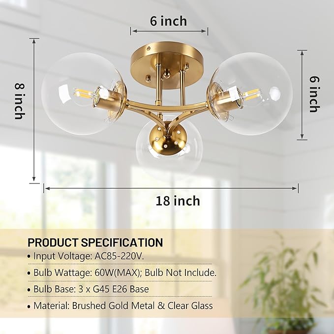 Mid Century Modern Ceiling Light Clear Globe Semi Flush Mount Ceiling Light Gold Sputnik Light Fixture Chandeliers Clear Glass Brushed Brass Chandeliers Living Room Dining Room Bedroom 3 Lights