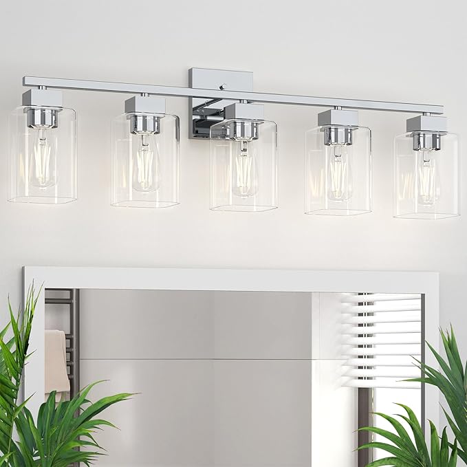 Espird 5 Light Bathroom Vanity Light - Chrome Bathroom Light Fixtures Square Design & UL Certification, 31 Inch Bath Room Light Fixtures Over Mirror for Living Room & Bedroom & Restroom