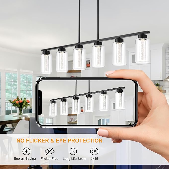 TODOLUZ 6-Lights 5CCT LED Black Kitchen Island Light LED Integrated Bulbs Included, Modern Linear Pendant Light Fixtures Hanging with Bubble Crystal LED & Clear Glass Shade