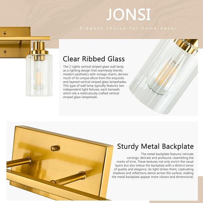 Jonsi Gold Bathroom Light Fixtures, 2 Light Brushed Gold Vanity Lights With Fluted Glass Shade, Modern Lights Over Mirror, Vanity Lighting Fixtures