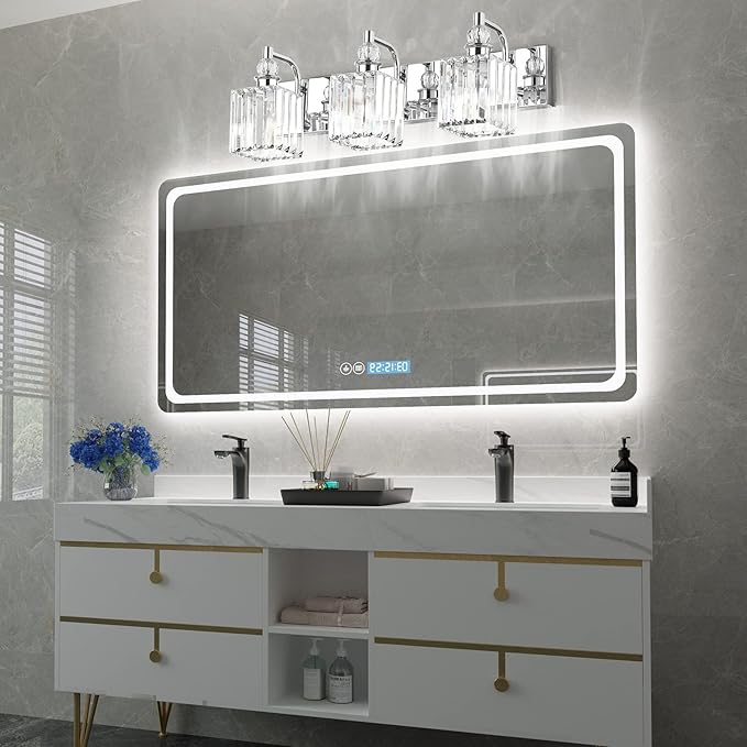 Ralbay Modern Crystal Vanity Light 3 Light 24''Bathroom Lights Fixtures Over Mirror Chrome Vanity Light for Bathroom Wall Lighting