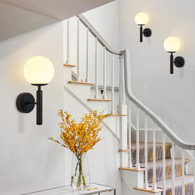 KCO Lighting Black Mid Century Modern Wall Sconce Vintage White Milk Glass Wall Sconce Globe Wall Light Bathroom Wall Light Fixture Bedroom Wall Lighting