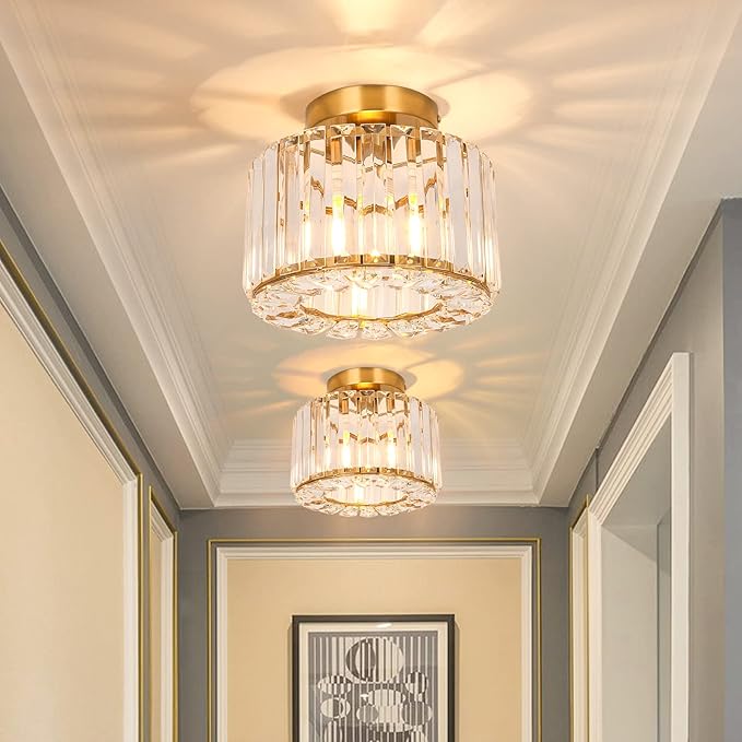 Crystal Modern Semi Flush Mounted Ceiling Light Fixture Brass Chandelier for Hallway, Dining Room, Foyer, Living Room, Bedroom, Entryway