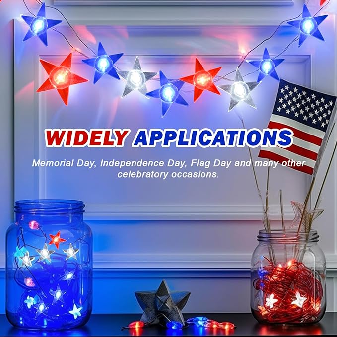 4th of July Decorations, 10ft 30 LED Twinkle Red White and Blue Star String Lights Battery Operated, Patriotic Decorations for Memorial Independence Day Party Golfcart Fourth of July (White Light)