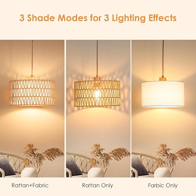 Qingmiao Boho Plug in Pendant Light, Rattan Hanging Lamp Plug in with Woven Shade, 3-Way Dimmable Hanging Light Fixture for Living Room Bedroom Kitchen Ceiling Home Decor