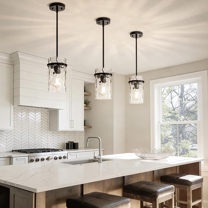 Farmhouse Hammered Glass Pendant Light, 5.5" Black Pendant Light, Modern Pendant Light Fixtures Over Island Lights for Kitchen Dining Room Light for Farmhouse Pendant Lighting 1 Pack