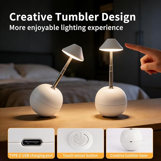 Rechargeable LED Table Light, Tumbler Cordless Table Lamp with 3 Colors & 7 RGB Stepless Dimmable Touch Control Lamps for Patio Restaurant Dining Home Bars (White)