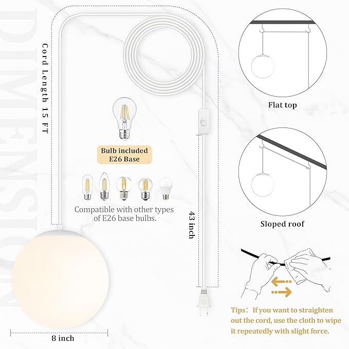 KoKo&Yukina 8" Globe Pendant Light White Plug in Pendant Light Adjustable Hanging Lights with Plug in Cord Matte White Finished with Milk Glass Lampshade for Bedroom Kitchen Island (Bulb Included)