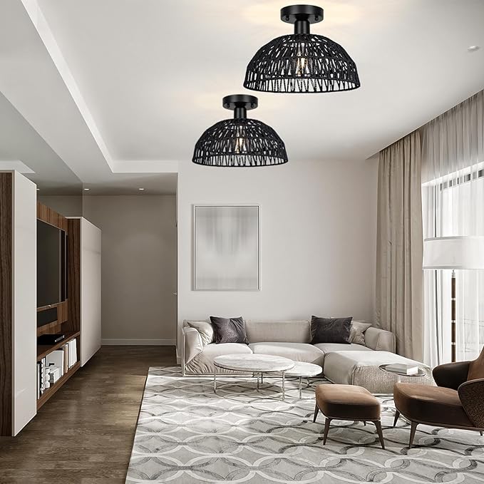 Rattan Ceiling Light Fixtures 2 Packs-Black Rustic Woven Basket Flush Mount Ceiling Light, Handmade Wicker Ceiling Lamp, Rattan Chandelier For Kitchen Island, Hallway, Living Room, Bedroom, E26 Base