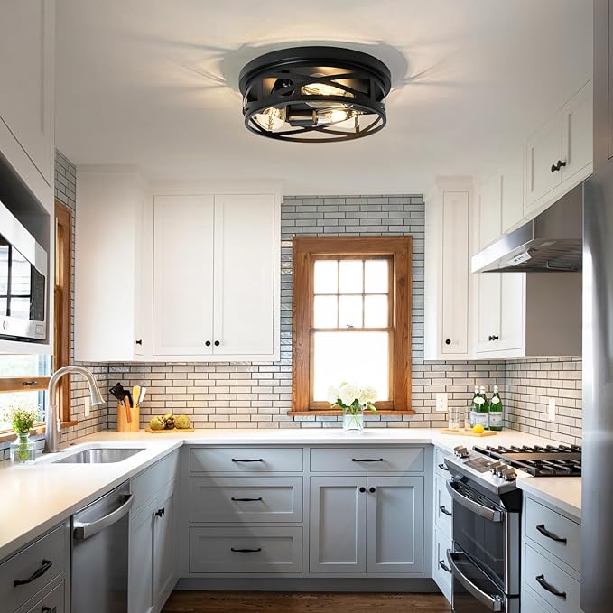 3-Light Flush Mount Ceiling Light Fixture, Farmhouse Ceiling Lights for Kitchen, Modern Black Close to Ceiling Light for Hallway Bedroom Balcony Porch Stairway, E26, (2 Pack)