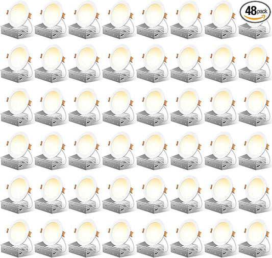 FREELICHT 48 Pack 4 Inch 5CCT Ultra-Thin LED Recessed Ceiling Light with Junction Box, 2700K/3000K/3500K/4000K/5000K Selectable, 700LM Brightness, Dimmable Canless Wafer Downlight, 10WEqv90W-ETL&FCC