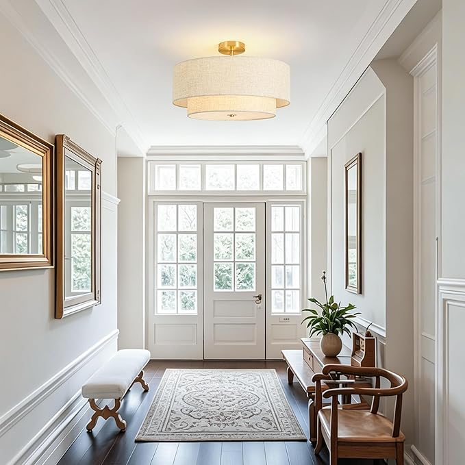 19.7" Semi Flush Mount Ceiling Light, 4-Light Drum Ceiling Light Fixture with 2-Tier Fabric Linen Shade Design, Modern Classic Ceiling Light for Dining Room, Living Room, Bedroom, Hallway, Entryway