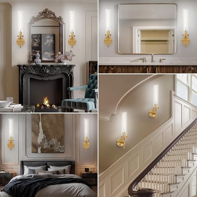 Brass Wall Sconces Set of Two with White Lights, 19.5'' Brushed Brass Knurled Bathroom Sconces Wall Lighting Vanity Light with Clear Glass for Living Room Mirror Bedroom Stairs