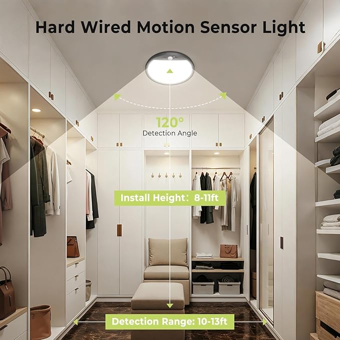 hepside 4 Pack Motion Sensor Ceiling Light Wired, 3000K/4000K/6500K LED Flush Mount Ceiling Light Fixture, 7Inch 15W Motion Sensor Light with Timer for Closet Stair Porch Hallway Pantry,Black