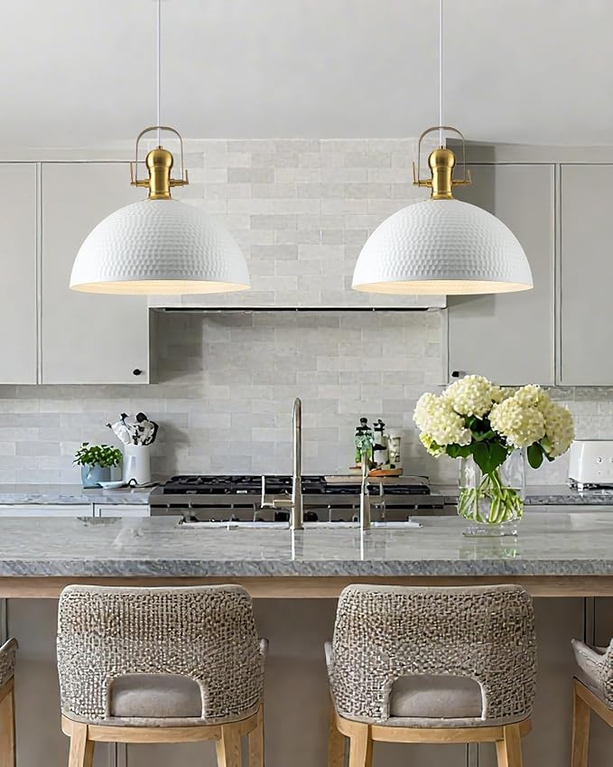 15.7 Inch White Pendant Light 2 Pack, Hammered Industrial Pendant Lights Adjustable Height, Farmhouse Dome Hanging Light for Dining Room Bedroom Foyer Barn