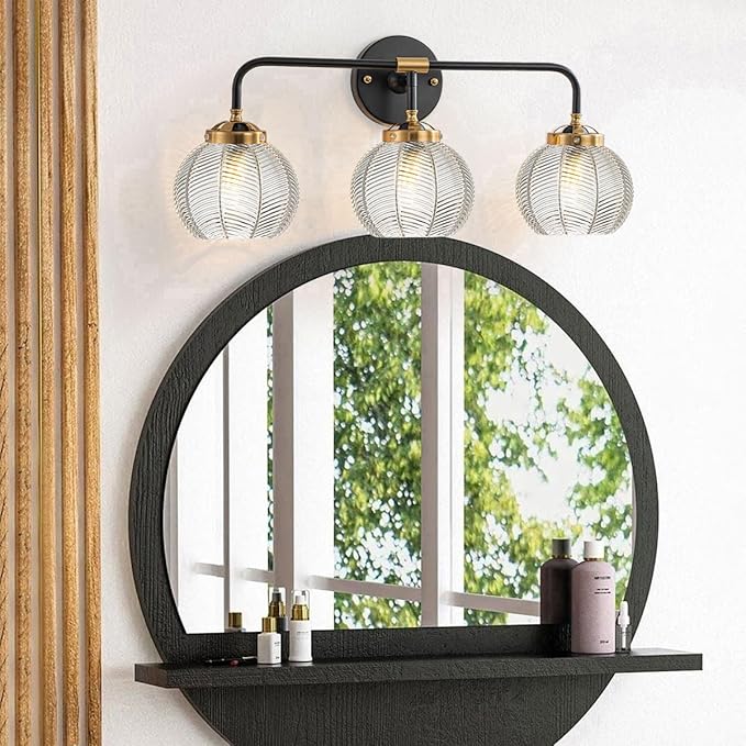 Farmhouse Vanity Light Vintage Modern Light Fixture for Bathroom Globe Wall Sconce Indoor Clear Glass Ribbed Mid Century Wall Sconce 3 Lights Over Mirror Vanity Lighting Bathroom