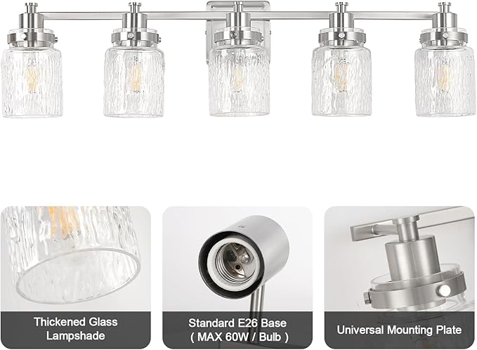 5 Lights Bathroom Light Fixtures Farmhouse Brushed Nickel Vanity Lights for Bathroom Lighting Fixtures Over Mirror with Hammered Glass Lampshade for Cabinet Mirror Bedroom Hallway