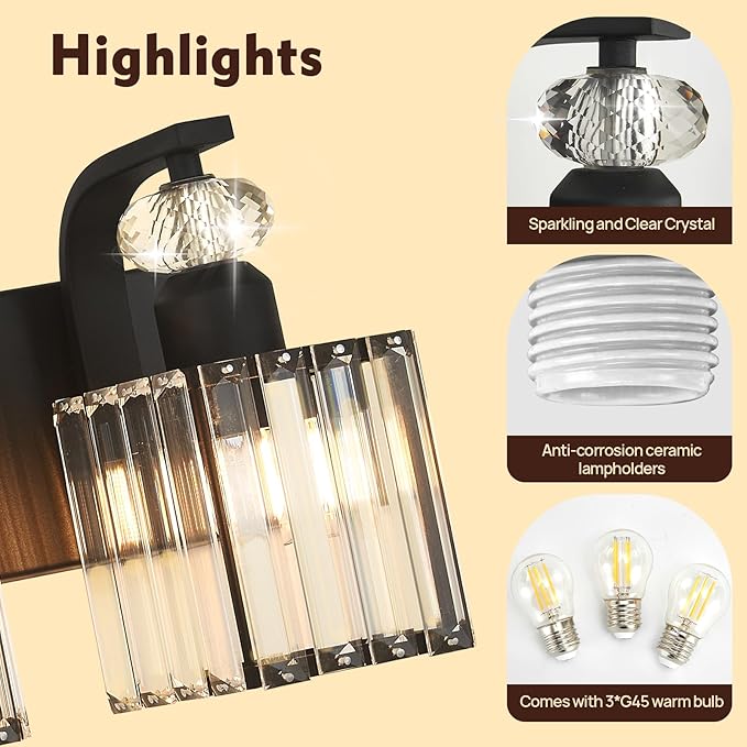 Modern Bathroom Vanity Light, 3-Light Black Bathroom Lighting Fixtures Over Mirror, 20.5" Crystal Wall Light Sconce for Bathroom/Bedroom/Vanity, Includes LED Bulbs, Easy Installation