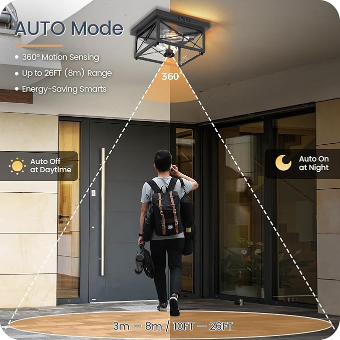 Outdoor Ceiling Light Fixture, Motion Sensor Outdoor Porch Light Ceiling Mount, 2-Light Metal Close to Ceiling Light Fixture with Glass Shade, 3 Modes, Bulbs Not Included, Black BT09XD05