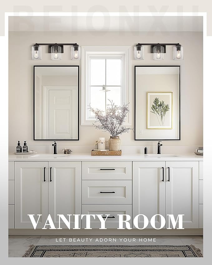 Beionxii Bathroom Vanity Lights, 3-Light Vintage Wall Sconce Light Fixtures, Oil Rubbed Bronze Finish with Clear Seeded Glass (24.5" W x 8.7" H) - MB9002 Series