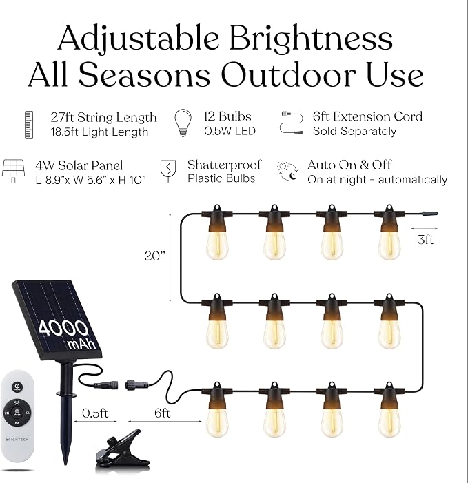 Brightech Ambience Pro Super Bright Solar - 27Ft Remote Control Outdoor String Lights with 12 Shatterproof S14 Bulbs, Commercial Grade LED, Waterproof Patio Lights, 4W Soft White for Patios, Gardens