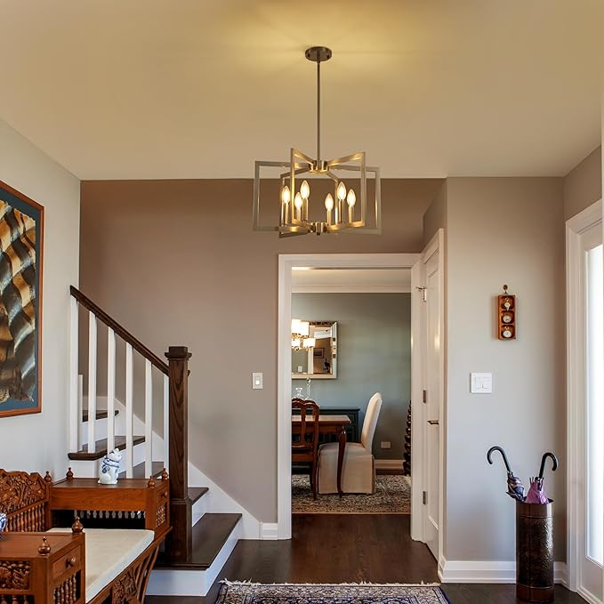 Klgxnrd 6-Light Modern Farmhouse Brushed Nickel Chandelier, Industrial Pendant Lights Kitchen Island, Hanging Dining Room Light Fixture, Metal Geometric Chandelier for Bedroom Hallway Entryway