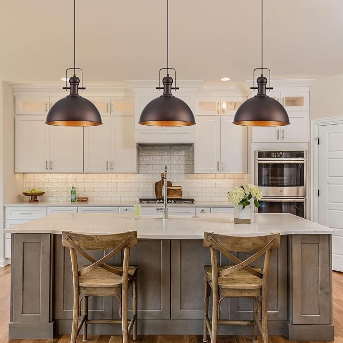 12 Inch Oil Rubbed Bronze Farmhouse Pendant Lights Large Pendant Lights for Kitchen Island Industrial Adjustable Height Vintage Big Dome Hanging Light Fixtures for Barn, Dining Room 3 Packs