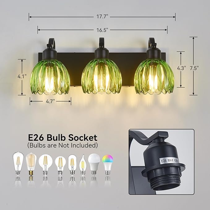 3-Light Black Vanity Lights with Green Tulip Glass Shade, Bathroom Lighting Fixture Over Mirror, Vintage Vanity Wall Sconce Lamp for Kitchen Living Room Hallway