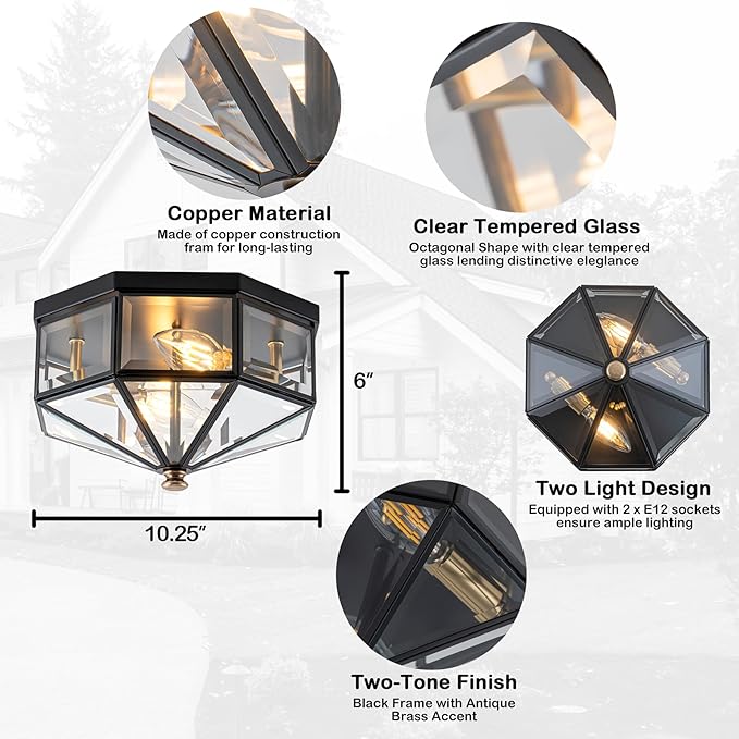 Flush Mount Ceiling Light Fixture, 2-Light Copper Outdoor Ceiling Lights, Octagonal Flush Mount Light with Clear Glass, Black Close to Ceiling Light for Hallway Bedroom Porch Balcony