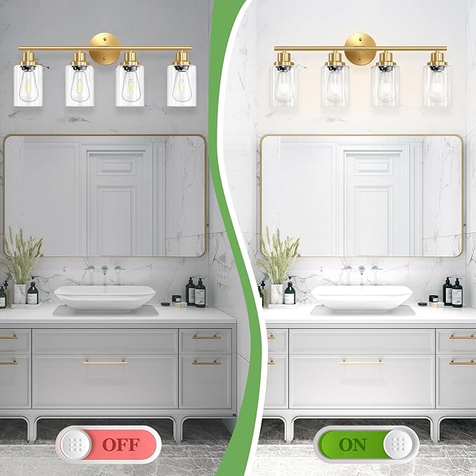 4-Light Gold Bathroom Light Fixtures, E26 Modern Vanity Lights for Bathroom with Clear Glass Shade, Wall Lamps for Mirror Hallway Kitchen Cabinet Living Room Sconces Lights
