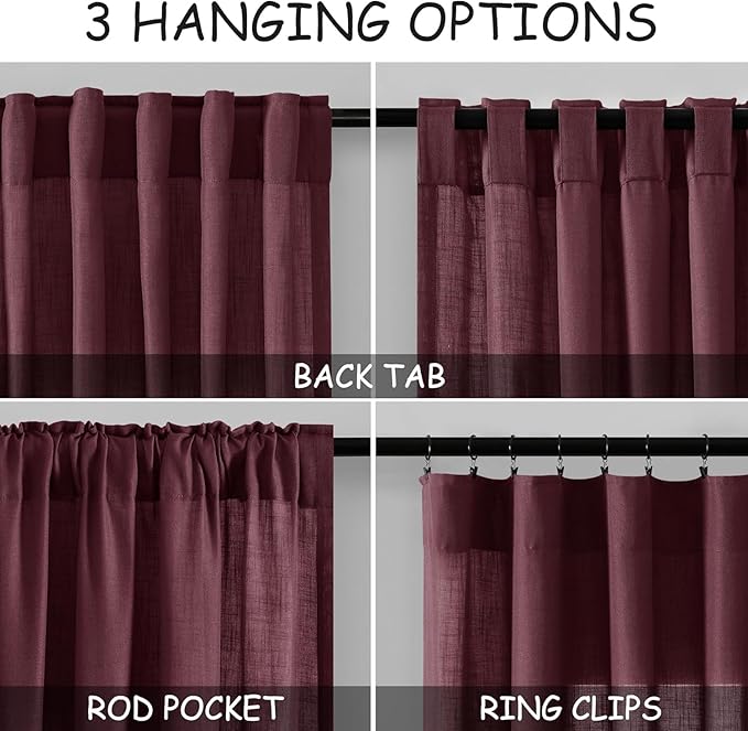 Nanspring Burgundy Linen Curtains for Living Room 94 Inches Long Light Filtering Semi Sheer Curtain Back Tab Vintage Boho Decor Elegant Luxury Drapes for Bedroom Dinner Room 52x94, 2 Panels