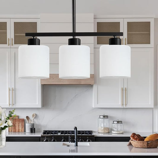 3-Light Kitchen Island Lighting, Black Pendant Light Fixture, Modern Hanging Light Fixtures with Milky White Glass, E26 Base, Bulbs Not Included