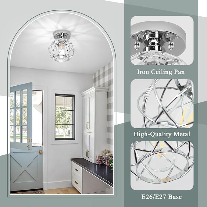 Hallway Ceiling Light Fixtures,Flush Mount Ceiling Lights Metal Cage Indoor Industrial Ceiling Lights E26 Semi Flush Mount Ceiling Light for Porch Entryway Foyer Bathroom(Chrome)