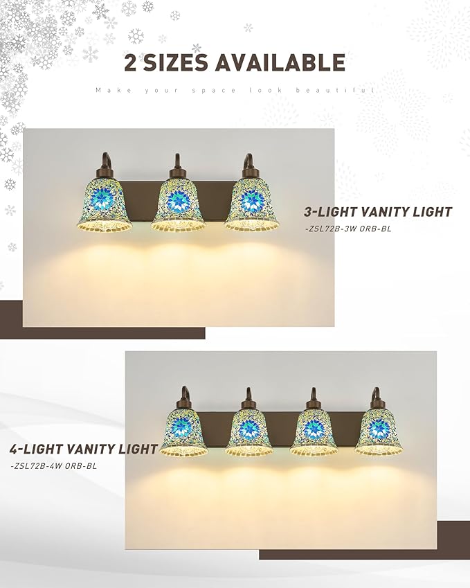 zeyu 4-Light Bathroom Wall Light, 30 Inch Bronze Vanity Lights, Bathroom Lights Over Mirror in Oil Rubbed Bronze Finish with Blue Mosaic Glass, ZSL72B-4W ORB-BL