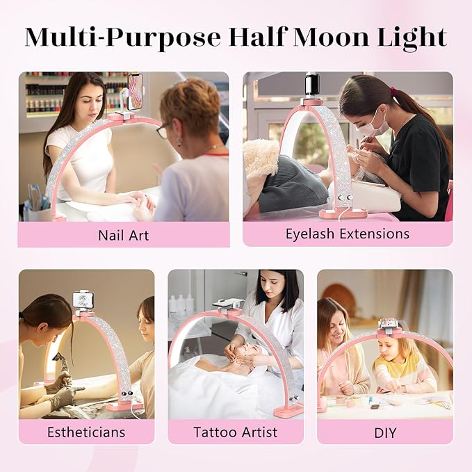 Half Moon Light for Nail Tech: 31 inch Lash LED Lamp with Phone Holder - 48W Foldable Arch Lights for Eyelash Tech - Manicure Handicraft Lighting for Spa,Salon