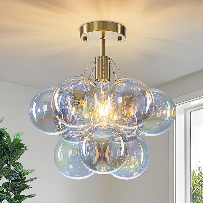 GoYeel Semi Flush Mount Ceiling Lighting 14.17", Modern Chandelier Gold Globe Colorful Bubble Ceiling Light Fixture with 9 Chromatic Glass Ball for Foyer Kitchen Bedroom, Include E26 Bulb