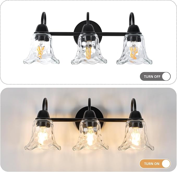 Bathroom Light Fixtures over Mirror, 3 Lights Vintage Wall Sconces with Hammered Glass Shade, 19.3" Matte Black Farmhouse Bathroom Wall Light Fixtures for Bedroom, Porch, Hotel, Mirror Cabinet