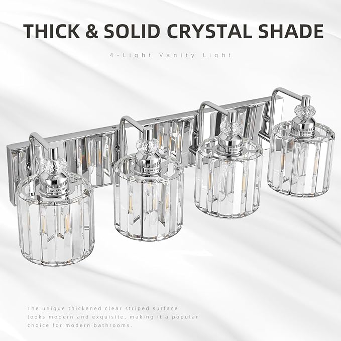4-Light Modern Bathroom Light Fixture Chrome Bathroom Vanity Lights Over Mirror Wall Sconce Lighting with K9 Crystal Shades E26 Base for Bedroom, Living Room, Hallway, Cabinet Wall Lamp