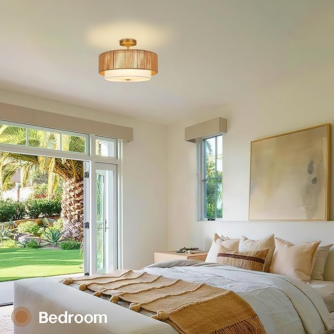 16'' Semi Flush Mount Ceiling Light Fixture, Boho Light Fixtures with 2-Tier Drum White Fabric Shade, 3-Light Farmhouse Rattan Drum Light Fixture for Bedroom, Living Room, Kitchen