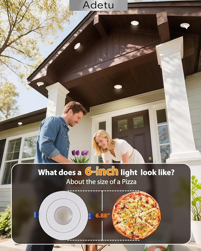Adetu 5CCT Gimbal Led Recessed Lighting 6 inch, 360°+90° Adjustable Directional 6 inch Led Recessed Light, 2700K-5000K Dimmable Eyeball Canless Downlight with Jbox, ET (White, 6 Pack)