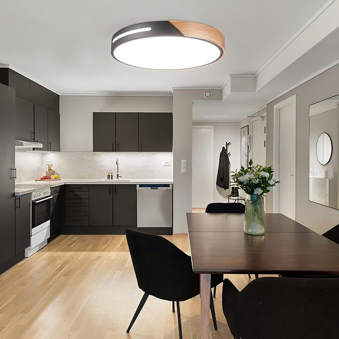 Wood Ceiling Light Flush Mount LED 36W 2Pack, 16 inch Flush Mount Black 5CCT, Kitchen Light Fixtures Ceiling Mount, Dimmable Close to Ceiling Light for Bedroom, Living Room, Bathroom