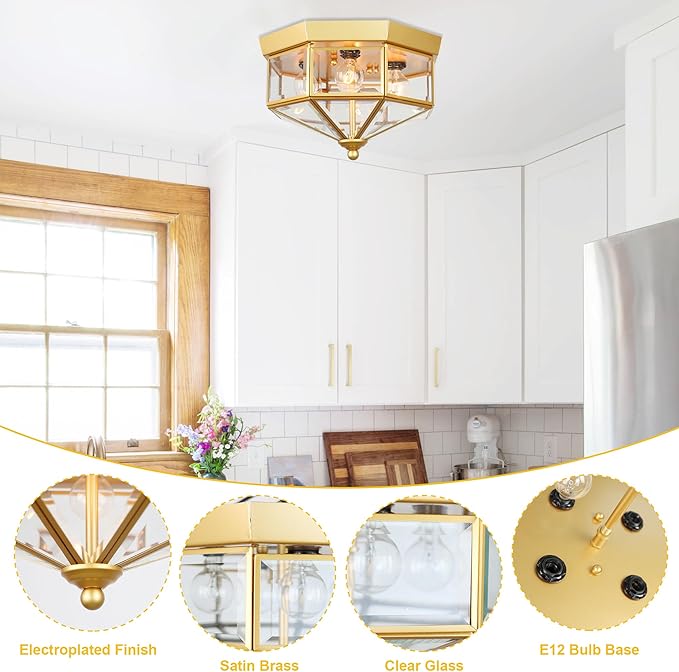 Flush Mount Outdoor Ceiling Light Fixture, 4 Light Exterior Porch Ceiling Lights with Clear Glass, Gold Farmhouse Lighting for Indoor Hallway Kitchen Stairway